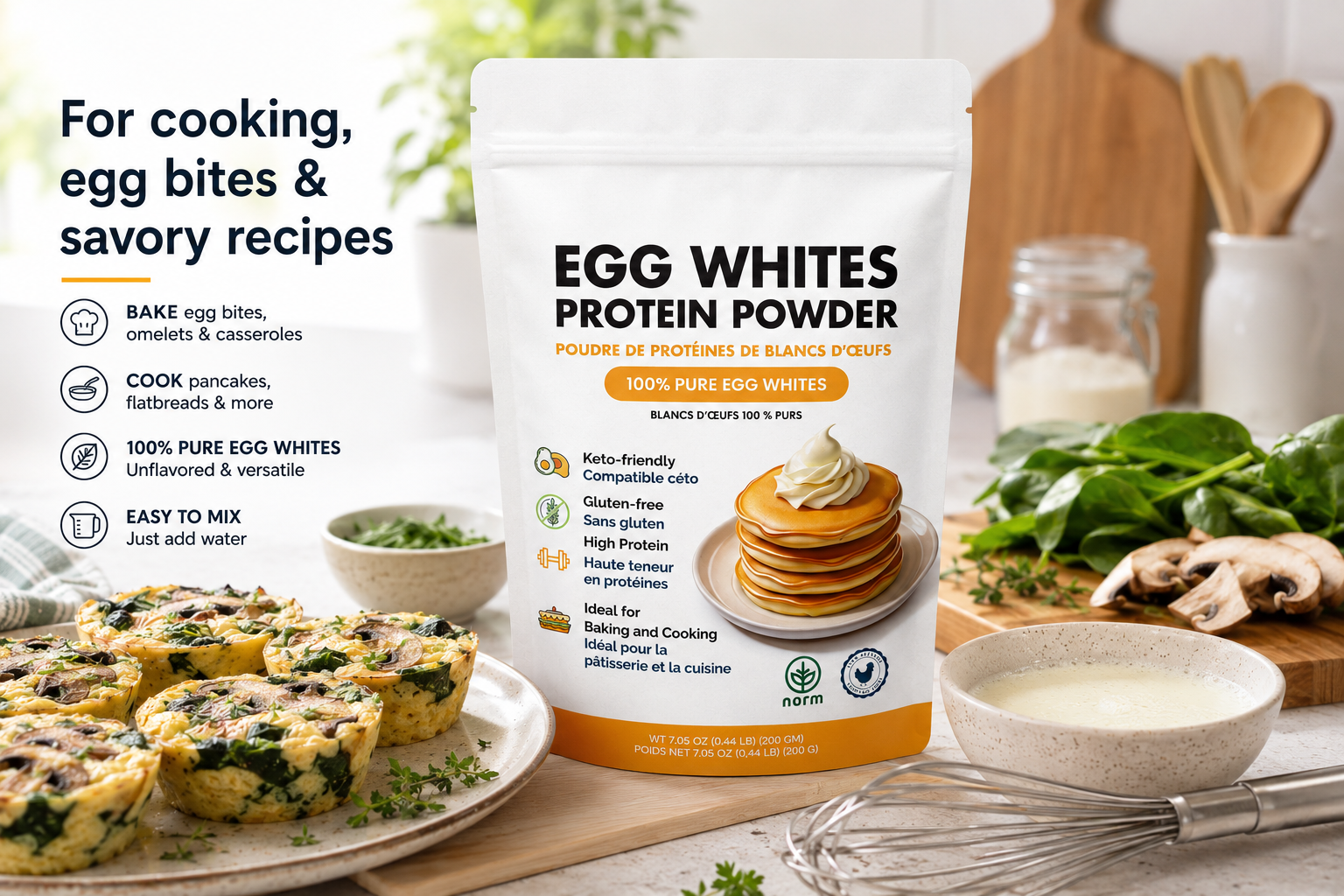Norm Egg Whites Protein Powder for Baking & Cooking, 7.05 OZ/ 200 gram